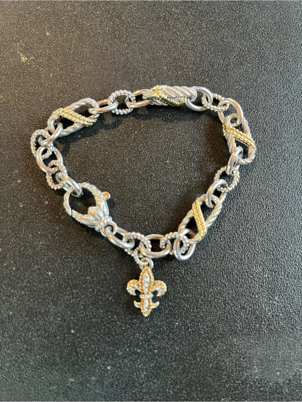 JUDITH RIPKA FLEUR DE LIS 2 TONE CHARM BRACELET W/ CZ'S STERLING SILVER 925 7.5”